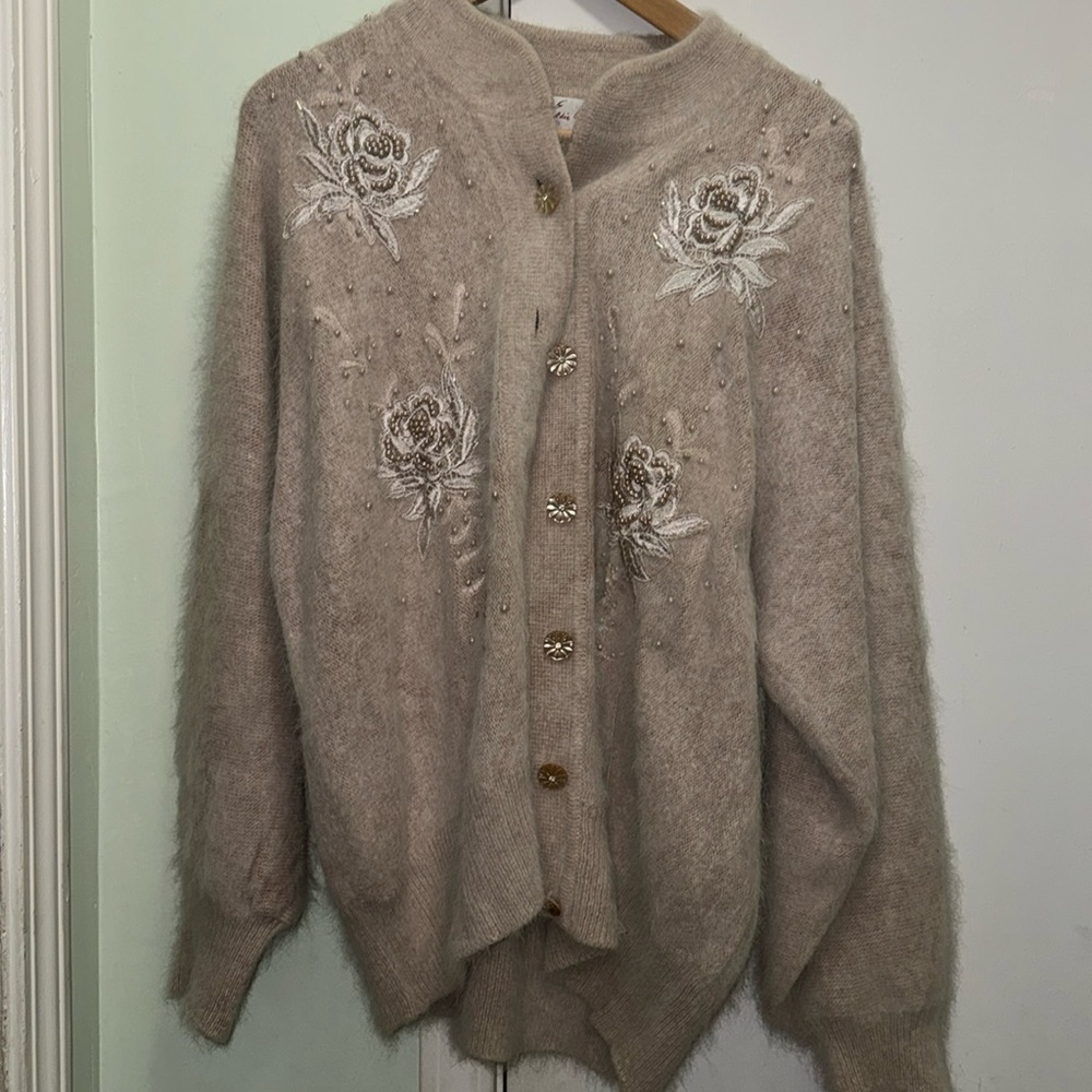 Vintage Eddie Dassin Beige Beaded Angora Blend Button-Up Cardigan Sweater small